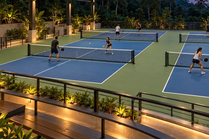Illustrative demo venue AI-generated illustration of a fictional pickleball venue; court-03 design direction