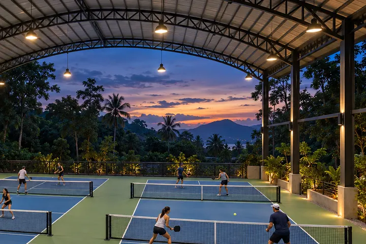 Illustrative demo venue AI-generated illustration of a fictional pickleball venue; court-04 design direction