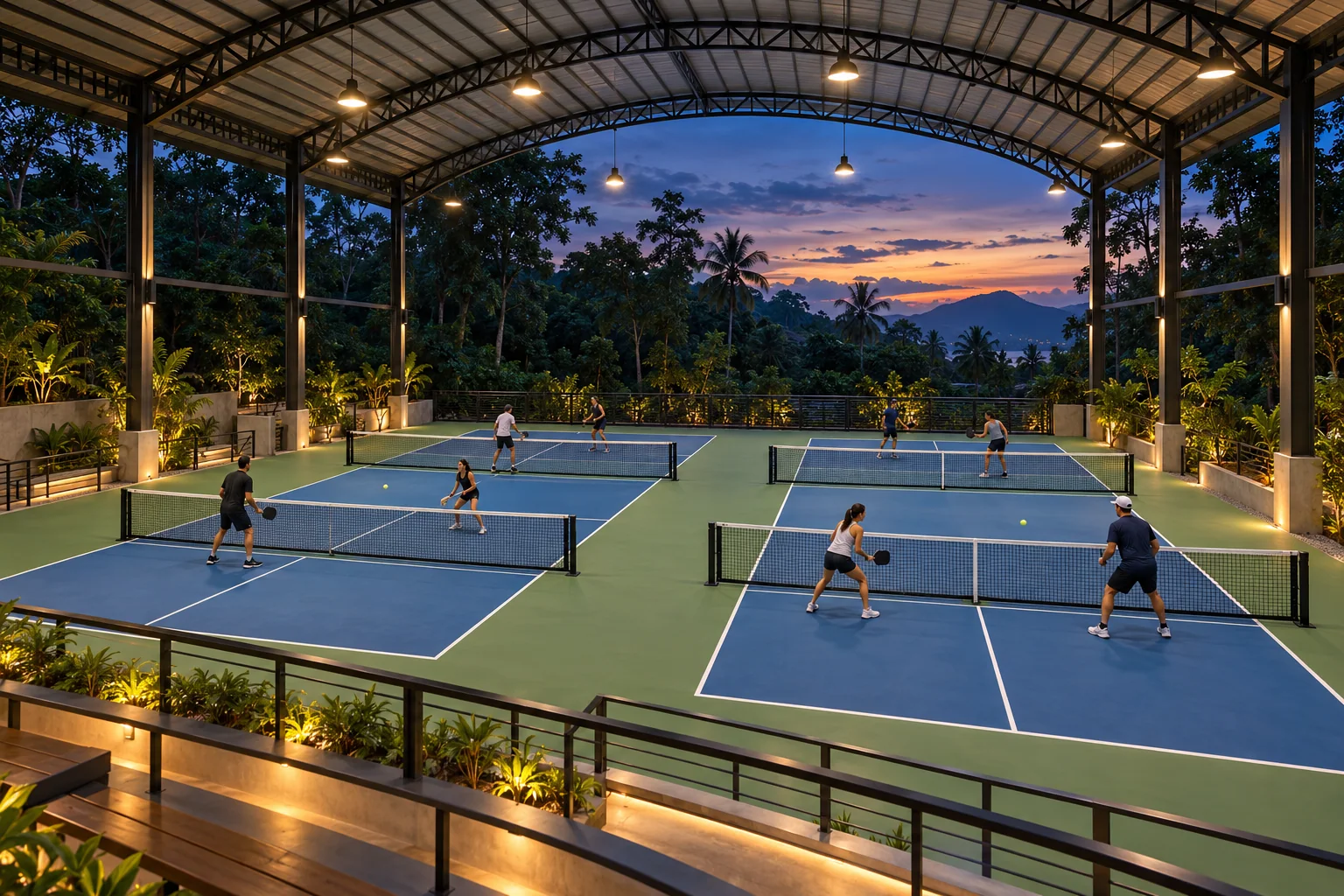 Illustrative demo venue AI-generated illustration of a fictional pickleball venue; destination design direction